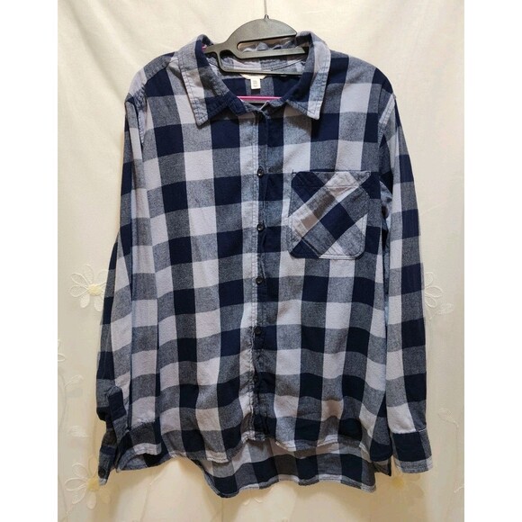 Time & Tru Womens XXL Blue Shirt Button Up Checker Plaid Classic Cozy Ranch Warm - Picture 1 of 15